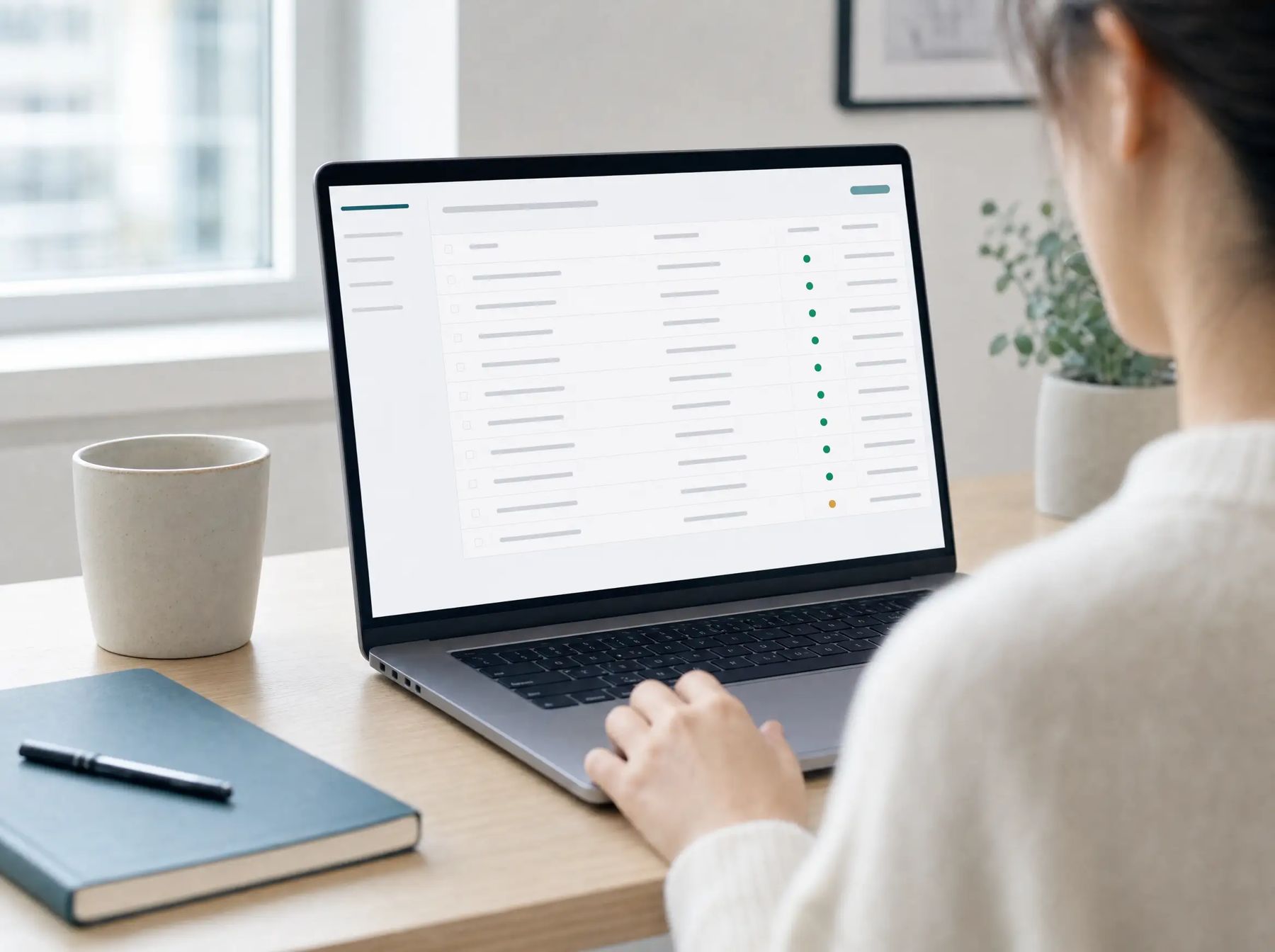 A laptop showing a minimal records table with status dots