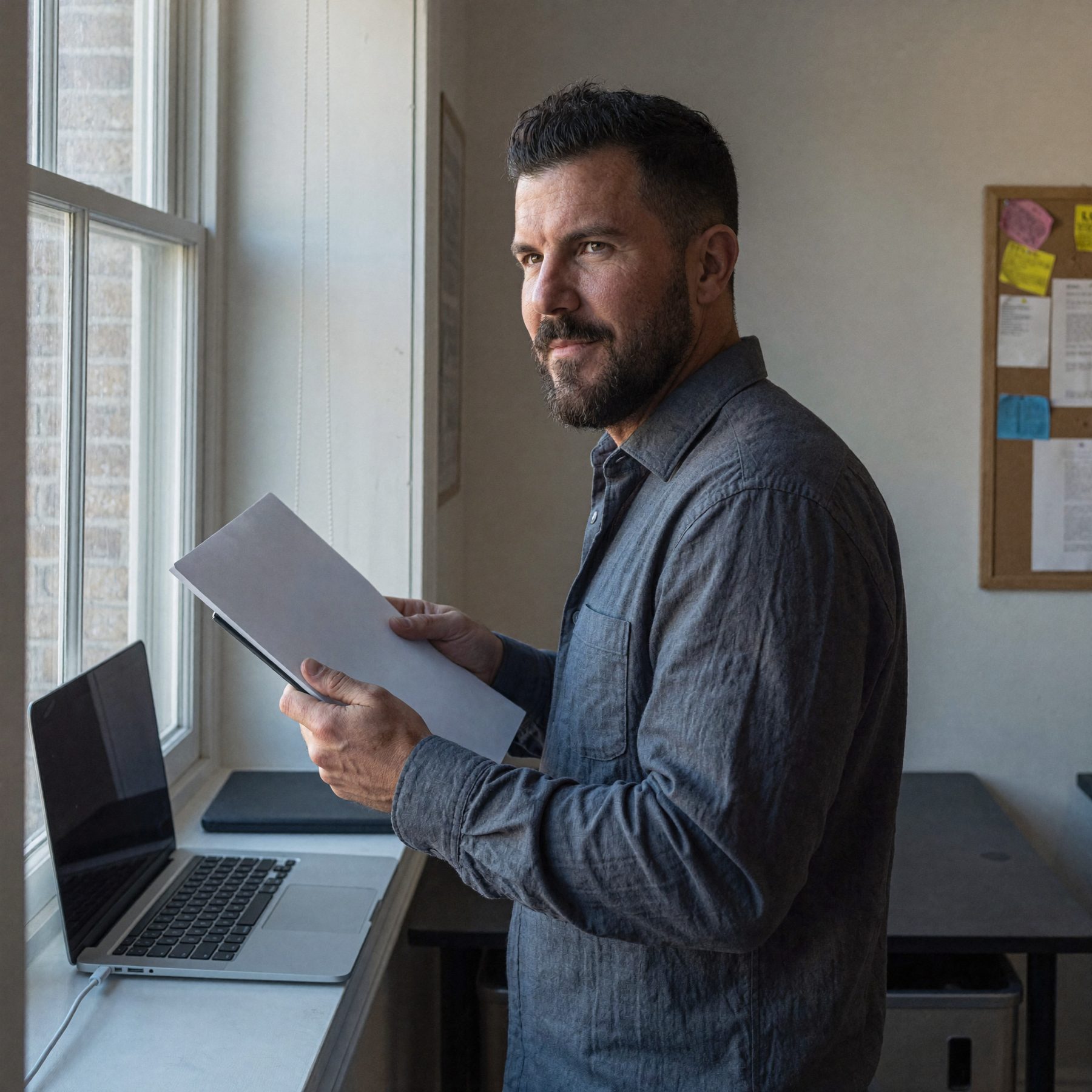 An operations manager by a window reviewing a short list of entries with green status dots on a tablet