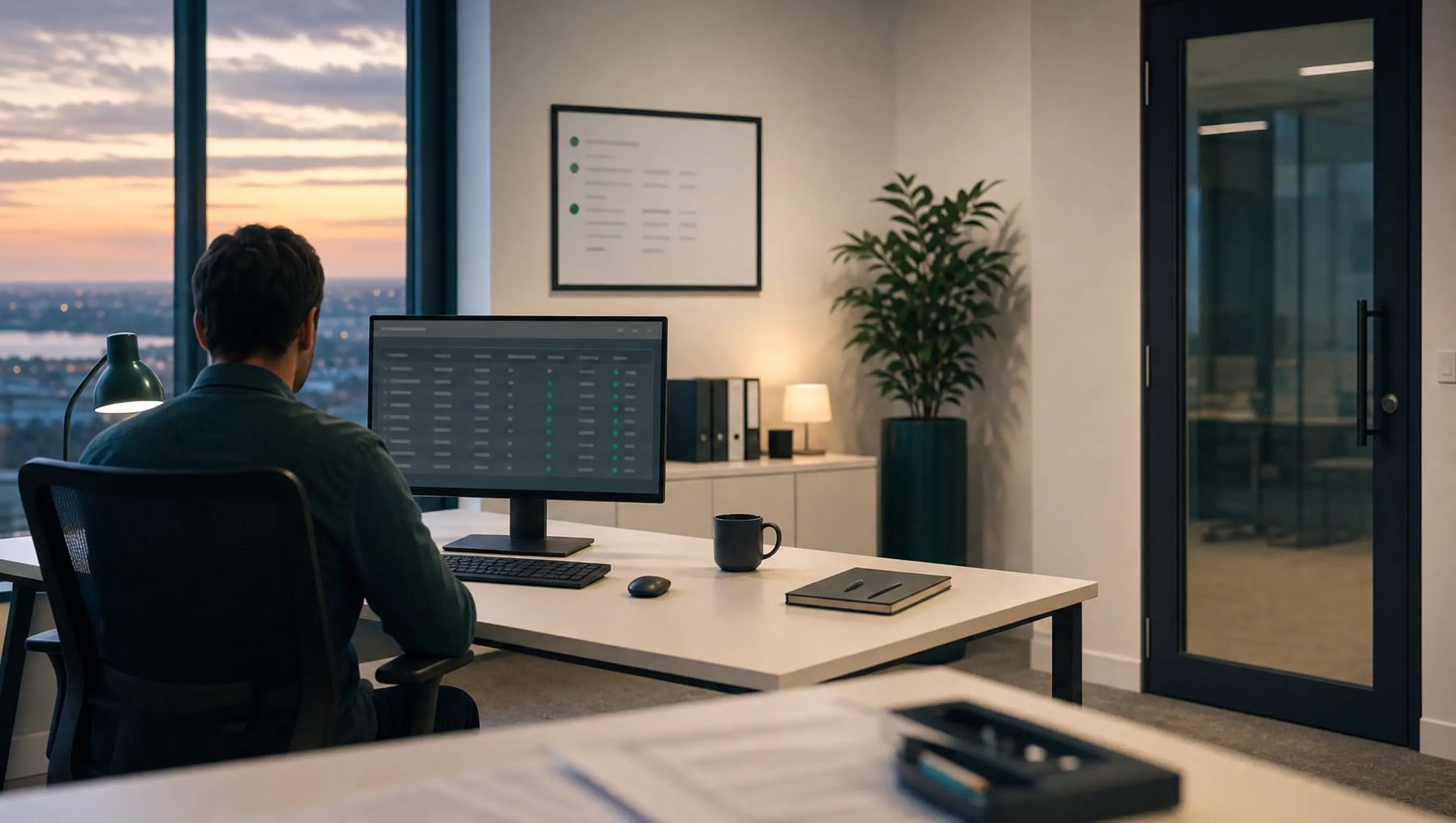 An empty, tidy operations office at dusk with a calm status board on the monitor